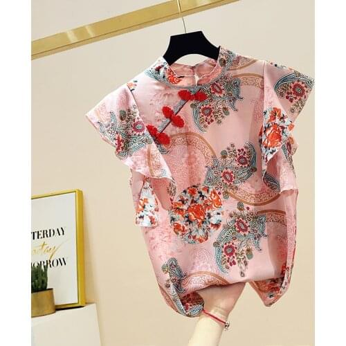 Chinese Cheongsam Style Women Floral Chiffon Shirt 2020 Summer Blouse Ruffles Short Sleeve Shirts Tops Blusas A3252