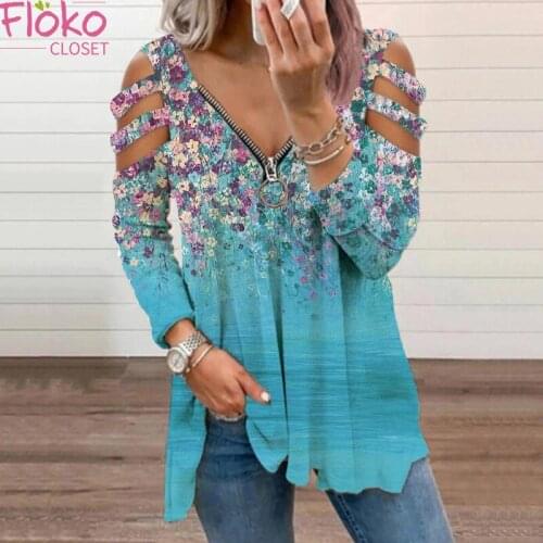 Flokocloset V-Neck Zipper Off Shoulder Floral Print Long Sleeve T-shirts Spring Autumn Women Tunic Tops Tee