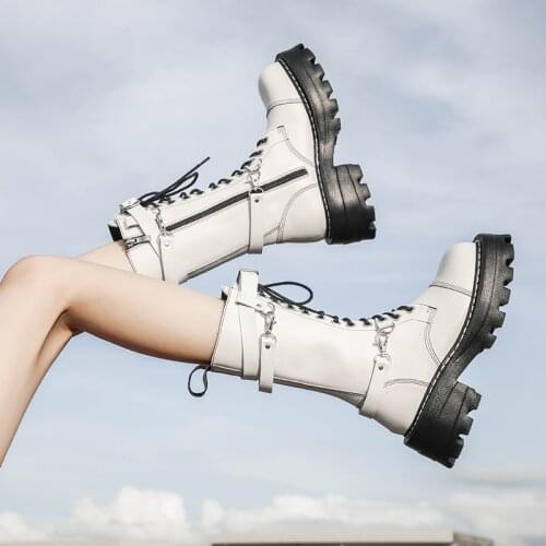New White/black Lolita Martin Boots For Women Shoes Chunky Bottom 6cm Mid Calf Boots Buckle Platform Winter/autumn Cosplay Shoes