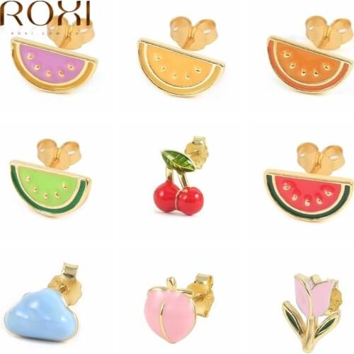 ROXI Enamel Small Stud Earrings For Women Girls Fruit Jewelry Earrings Watermelon Piercing Earing 925 Sterling Silver Pendientes