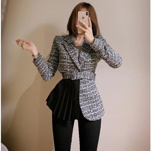 Women Turn-down Collar Blazer Outerwear Ladies Long-sleeved Patchwork Black Panelled Pleated Woolen Tweed Coat