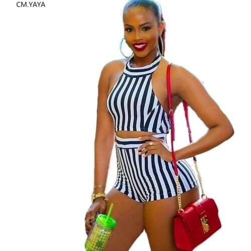 CM.YAYA women striped tracksuit halter open back crop top tops shorts jogger pants suit sport two piece set matching set outfits