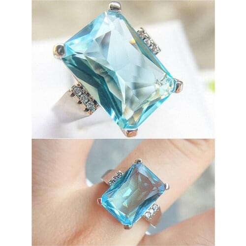 Square Sea Blue Crystal Topaz Diamond Gemstones Rings for Women 18k White Gold Silver Color Jewelry Finger Band Trendy Accessory