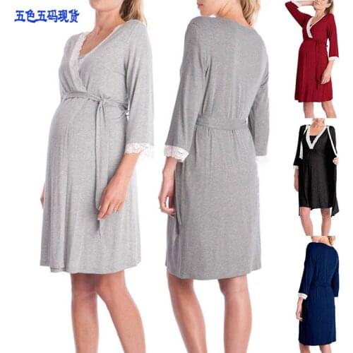 Women Pregnant Robe Pajamas Lace Stitching Nightdress Three Quarter Sleeve Maternity Dress 2021 New Women Maternity Dress