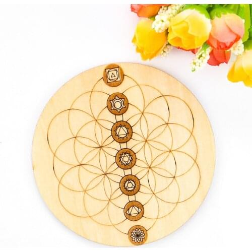 Wooden 7 Chakra Round Disc Crystal Stand Holder Life Flower Wood Pendant Dangle Cup Base Yoga Meditation Home Ornament Decor