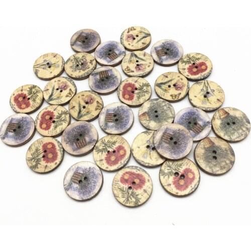 100pcs 20mm Vintage Flower Florals Sewing Scrapbooking Wood Round 2 Holes Buttons Decorative Crafts Accessories Embellishments