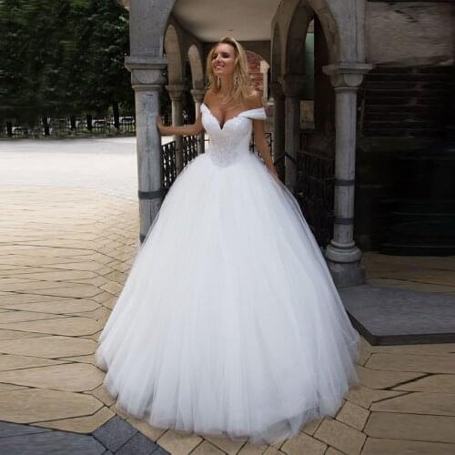 Off the Shoulder Heavy Beading White Wedding Dresses Ball Gown Lace Up Back Tulle Bride Dress vestido de noiva 2020