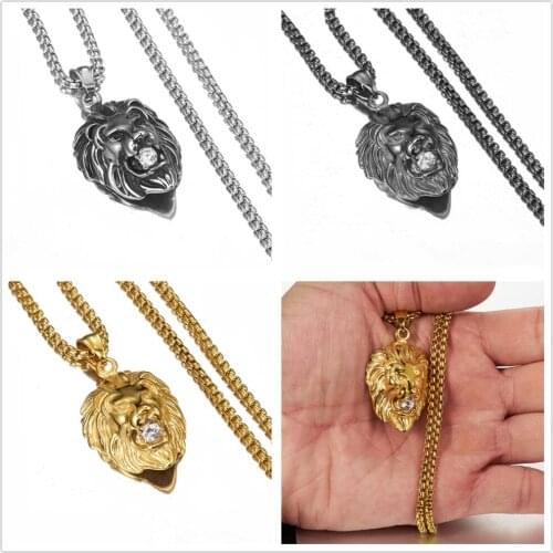 Silver Color/Gold/Black Stainless Steel Carving Lion Head Fashion Cubic Zircon Mens Unisexs Pendant Necklace Box Chain 24"*3mm