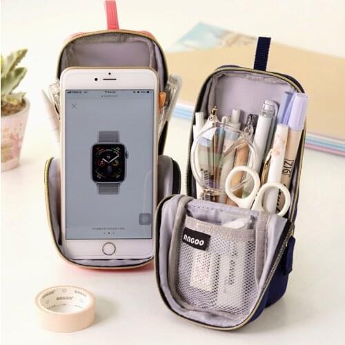 Korean version of large-capacity pencil case, standing multifunctional mobile phone holder, solid color canvas, retro style