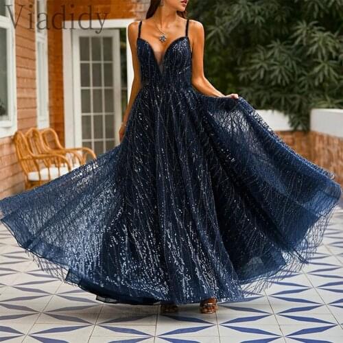 Women Elegant Deep V-Neck Spaghetti Strap Sequined Ruched Sleeveless Maxi Dress Party Dress