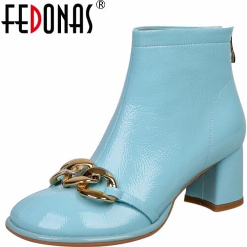 FEDONAS Autumn Winter Patent Leather Women Ankle Boots Wedding Party Working High Heels Sweet Concise Metal Chain Shoes Woman