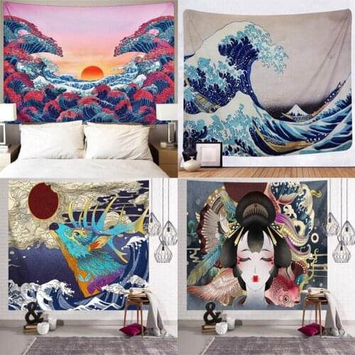 Japanese Style Tapestry Ocean Wave Pattern Wall Hanging Valance Bed Room Background Decorative Functional Table Cloth Curtain