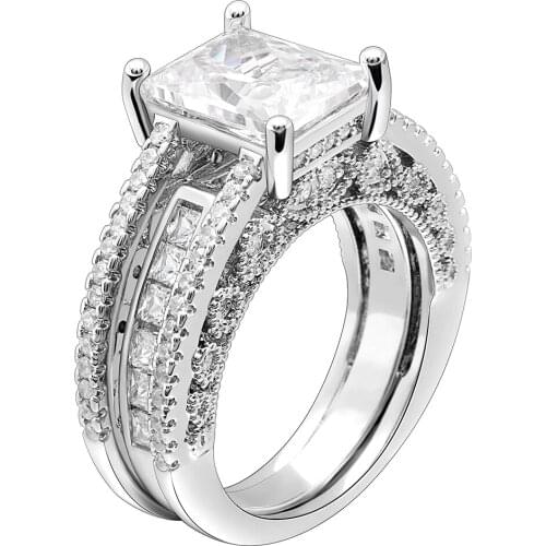 Hainon Luxury Silver Color Ring Sets 2 PCS Bijoux Full African AAA Crystal Square Stone Rings Romantic Wedding Best Gifts Rings