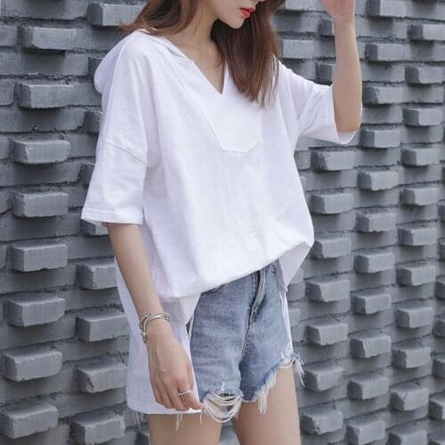 Cotton 100% White Women T-Shirts Summer New Design 2021 V-Neck Short-Sleeved Hooded Loose Casual All Match Female Pulls Tops Tee