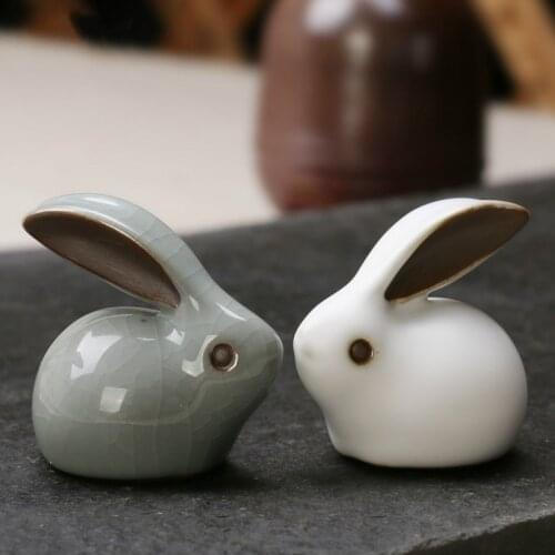 Ceramic Rabbits Figurines Artwork Decor Crafts Ge Kiln Rabit Statues and Ru Kiln Pet Tea Ornaments Cute Home Decoration Crafts
