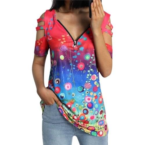Summer Women T-Shirts Short Sleeve V Neck Strappy Cold Shoulder Tunic Tops Casual Tees with Zipper Plus Size Shirt