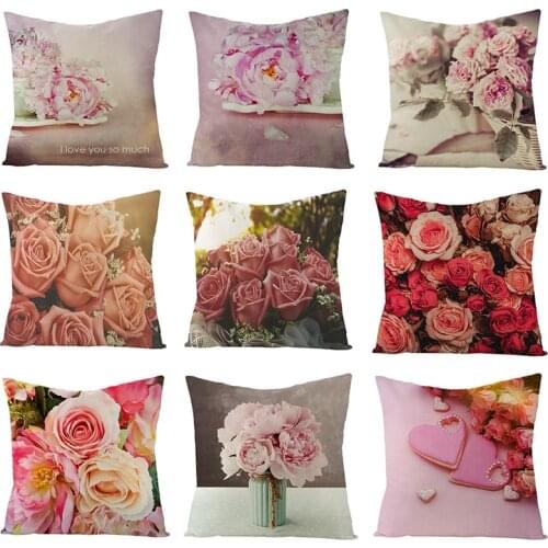 Linen Cushion Cover Floral Decorative Pillowcases Pink Roses for Valentines Day Sofa Throw Pillows Covers Home Decor 45*45cm/pc