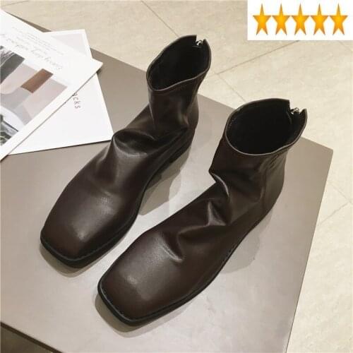 Fashion Women Square Toe New Ankle Casual Low Heels Zipper Pu Leather Shoes Female Winter Vintage High Top Riding Boots