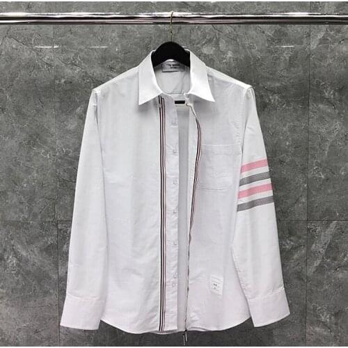 2021 Fashion Brand Shirts Men Slim White Long Sleeve Casual Shirt Turn Down Collar Oxford Zipper Striped Mens Clothing