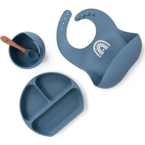 Baby Silicone Bowl Bibs Set Non-slip Childrens Suction Plate Wooden Handle Silicone Spoon Bibs Dishes Baby Feeding Tableware