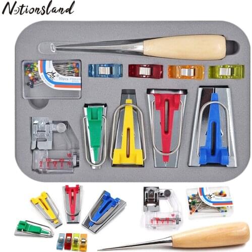 Fold Bias Tape Maker Tool Kit Set with Sewing Awl Bead Needles Plastic Clip Foot Pres for Quilting DIY Craft Sewing Tool
