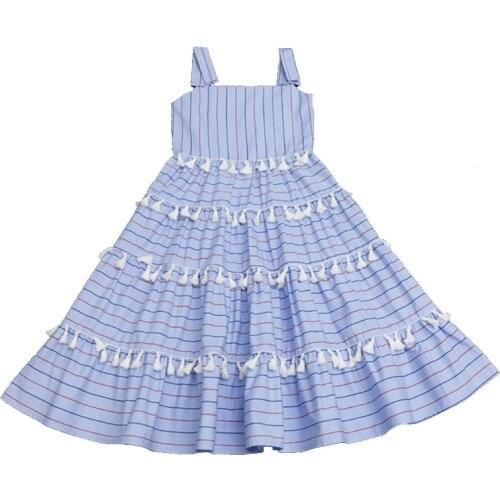 New Arrival Teen Girls Tassel Stripe Dress 2020 Summer Kids Girls Cotton Long Style Beach Dress Suspender Princess Dress, #8825