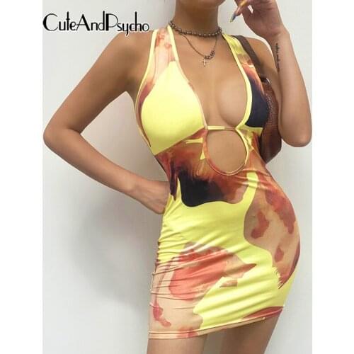Harajuku Print Y2K Bodycon Mini Dress Clubwear Hollow Out Backless Chic Sundress Evening Elegant Sexy Outfit Beach Cuteandpsycho