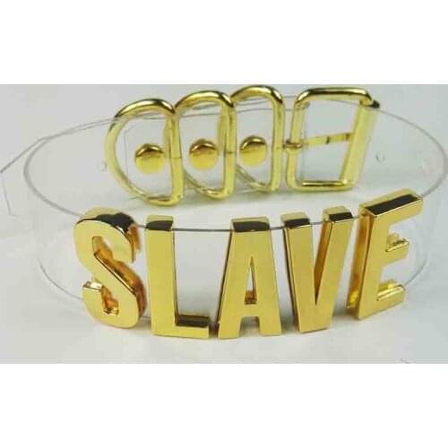 100% Handmade Punk Cosplay Halloween Choker 35mm Tall Gold Letter Clear PVC Vinyl Slave Collar Harajuku BDSM Buckle Necklace
