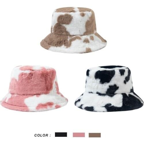 Autumn Winter Warm Buckets Women Cow Print Plush Bucket Hats for Men Tourism Outdoor Hat Soft Velvet Fisherman Cap Lady Panama