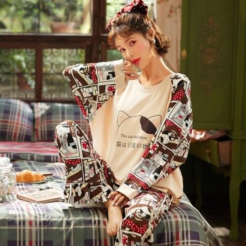 Animal Cat Pijamas Women Pajama Set Full Pure Cotton Home Suit O-Neck Pyjama Woman Femme Sleepwear Big Yards Casual Tracksuit