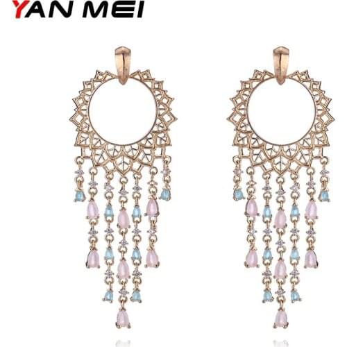 YANMEI Geometric Circle Tassel Earrings For Women AAA Cubic Zirconia Earring Bohemia Fashion Jewelry YME7543