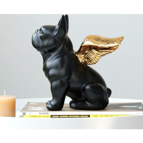 Black French Bulldog Statue with Gold Wing Ceramic Art Animal Figurine Handmade Decorative Collectible Figures Modern Home Decor