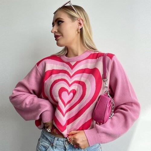 Heart Printed Sweater Women Autumn Winter Pink Cute Pullover Y2K Crochet Crewneck Knitted Sweater Pull Oversized Korean