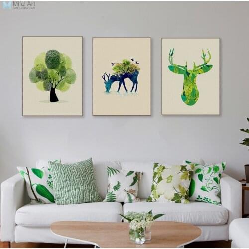 Triptych Modern Watercolor Deer Head Canvas A4 Art Print Poster Tree Forest Wall Picture Living Room Home Deco Painting Custom