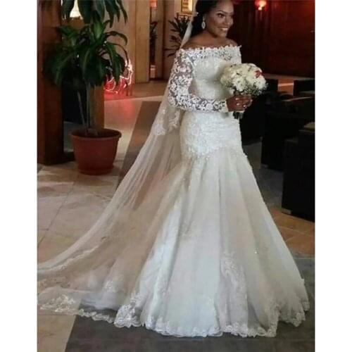 WUZHIYI Vintage Dubai African Mermaid Wedding Dress Boat Neck Long Sleeves Lace Appliques Beaded Bridal Gowns Custom Made 2021