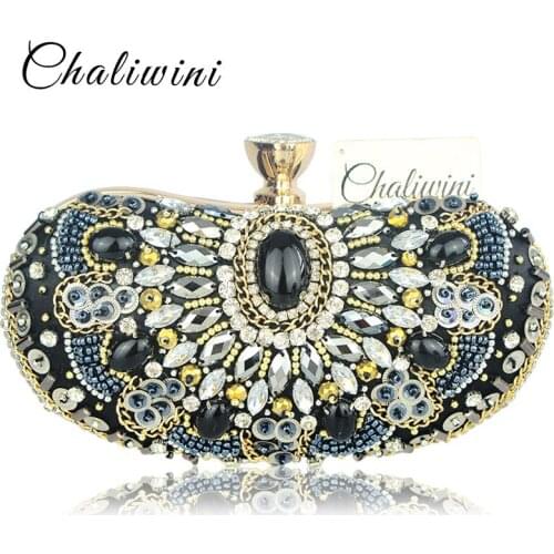 Vintage Beaded Women clutch bag Handbags Chain Accessory Metal Day Clutches Party Wedding Evening Bags Diamonds cross body Purse