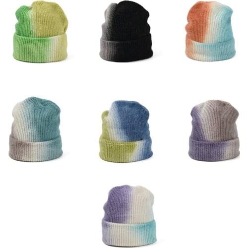 Unisex Knitted Wool Slouchy Caps Gradient Warm Winter Hats Wool Thick Slouchy Beanie Winter Tie-dye Colorful Knitted Hat