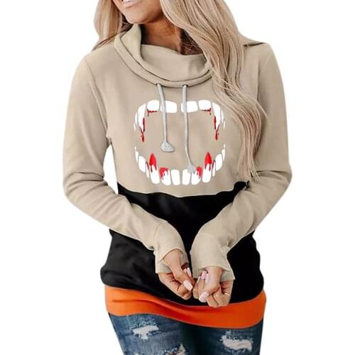 Women Thermal Warm Long Sleeve Hoodies Evil Teeth Print Sweatshirts Winter Comfy Round Neck Tops Basic Draw String Pullover худи