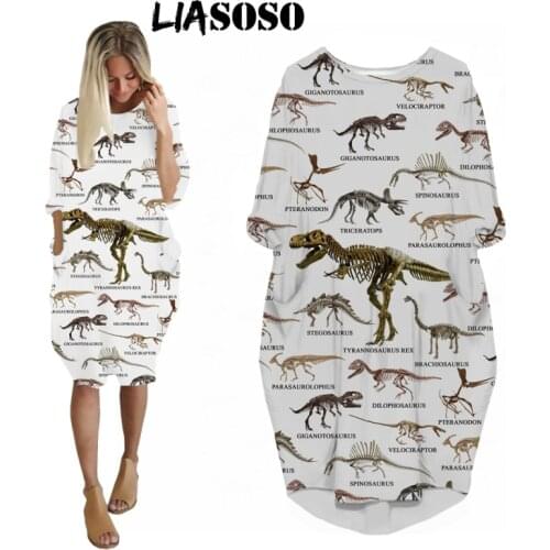 LIASOSO Jurassic Dinosaur Anime Ladies Dress 3D Print Cartoon Animal Women Beautiful Long Sleeve Knee-Length Sexy Pocket Skirt