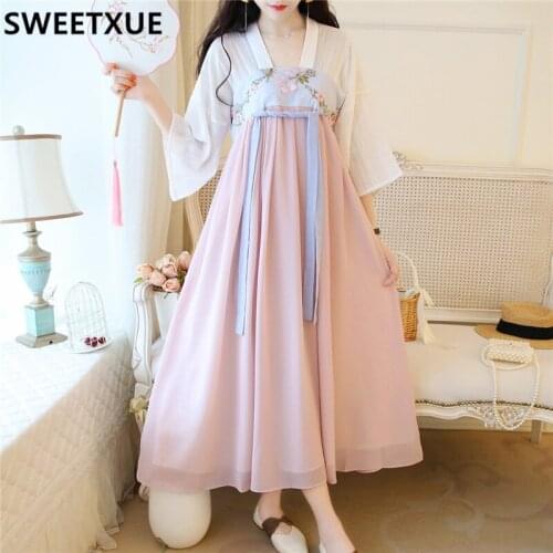 SWEETXUE Women Elegant Hanfu Chiffon Long Dress Chinese Style Elegant Retro Print Fairy Embroidered Party Vestidos Robe Femme