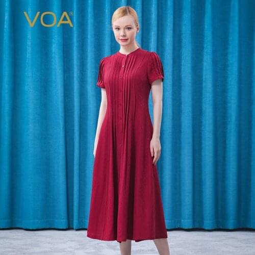 VOA Silk Rose Carmine Round Neck Jacquard Single-breasted Three-dimensional Pleated Loose Waist Women Dresses Summer 2021 AE709