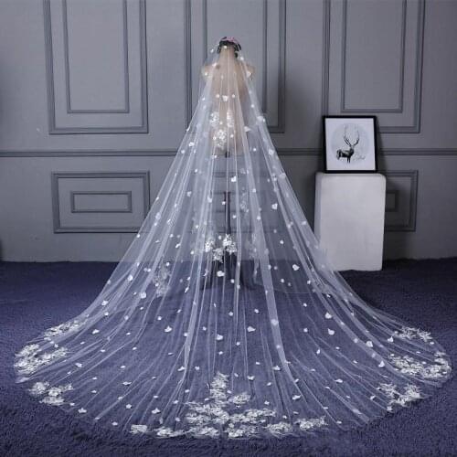 2019 Wedding Veils 3m Long Cathedral Length Full Lace Edge Appliqued 1T White Ivory Tulle Bridal Veils Customized