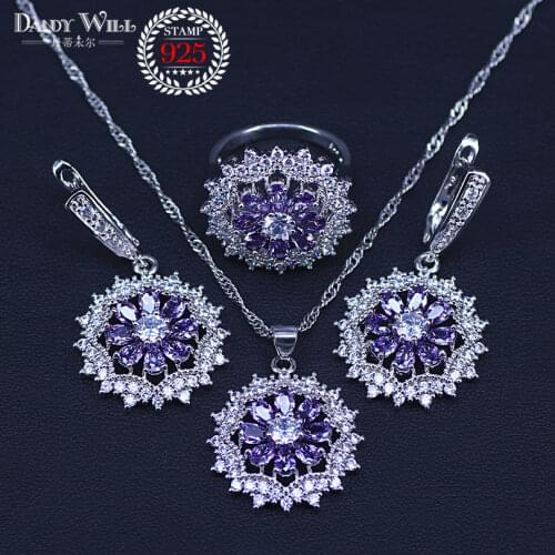 8 Colors silver color Women Wedding Beautiful Pendant Necklace Earrings Rings Set Clearly Flower Crystal Jewelry Sets