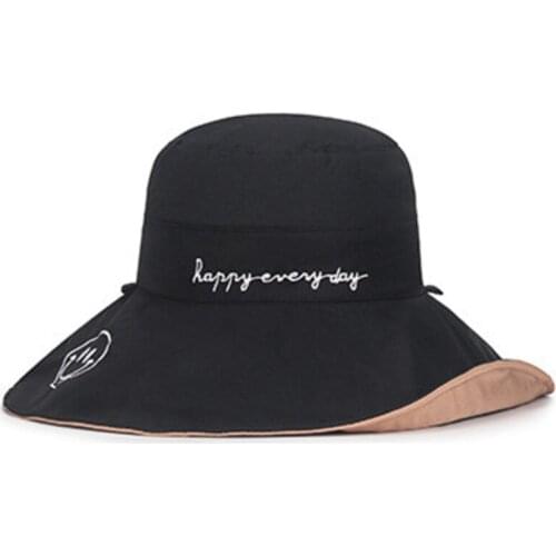Smile Face Embroidery Reversible Sun Hat Cap Large Wide Brim UV Protection Beach Cap Double Side Folable Floppy Hat Chin Cord