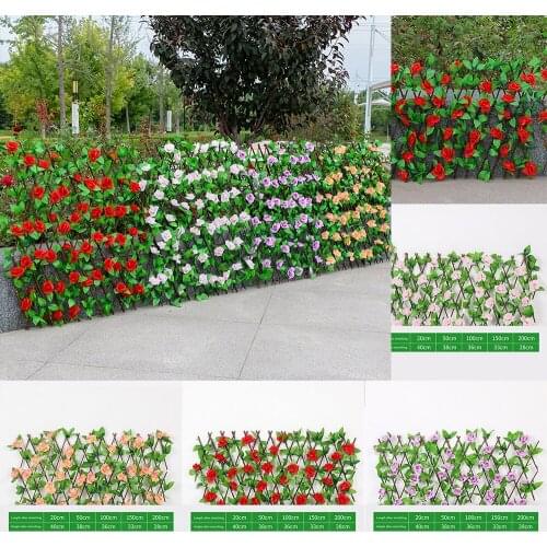 Artificial Rose Flower Garden Fence Wall Leaf Wood Telescopic Fence Expanding Trellis For Protecting Privacy Garden Plant Decor