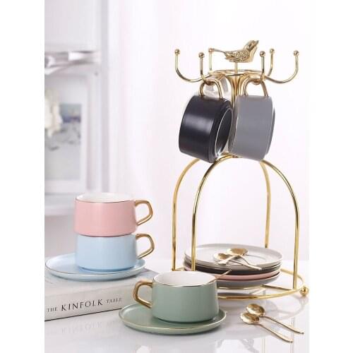 Nordic Ceramic Coffee Cup Simple Six color Coffee Cup Set with Saucer and Spoon Porcelain Golden Edge Tea Cup afternoon tea mug