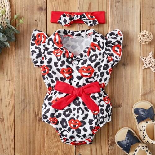 2 Pcs Newborn Summer Outfits, Baby Girls Leopard & Lip Print Fly Sleeve Lapel Romper with Bowknot + Headband