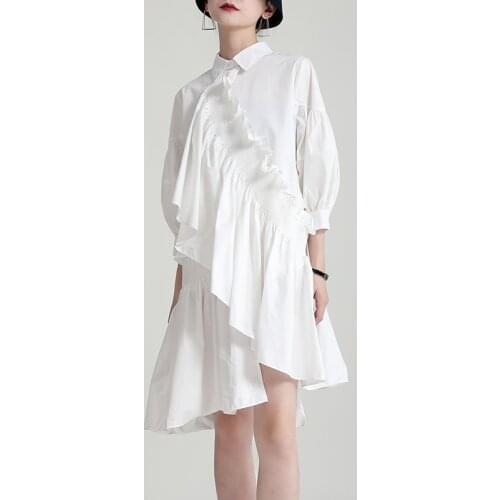 2021 Summer Elastic Irregular Solid Lantern Sleeve Turn-down Collar A-LINE Ruffles Knee-Length Casual Woman Dress X611
