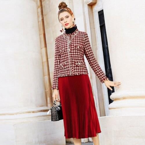 Fashion Autumn 2021 winter little fragrance office lady thousand bird tweed coat + casual pleated skirt two pieces set Plus XXXL