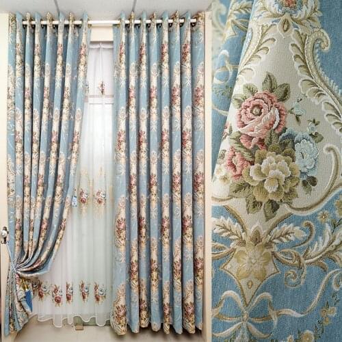 New European Luxury Blue Curtains for Living Dining Room Bedroom Fabric Chenille Embroidery Valance Curtain Fabric Custom